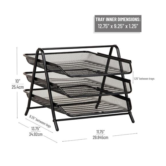 3-Tier Paper Tray Organizer File Storage Metal Mesh 11.75"L x 13.75"W x 10"H - Picture 3 of 3